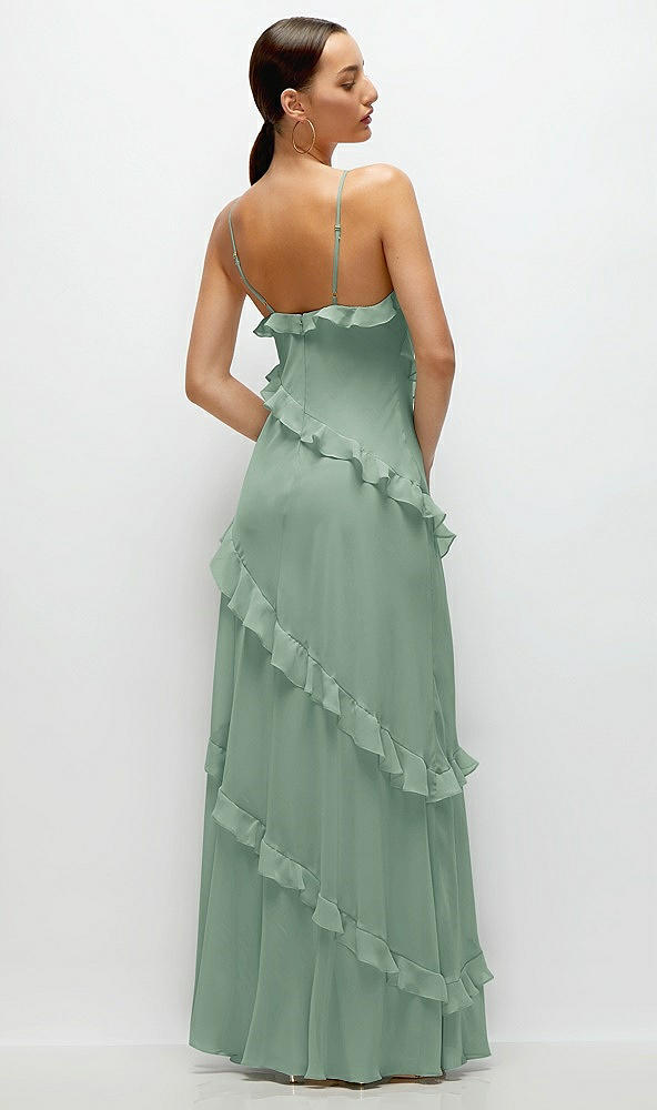 Back View - Seagrass Asymmertical Ruffle Chiffon Bias Slip Maxi Dress