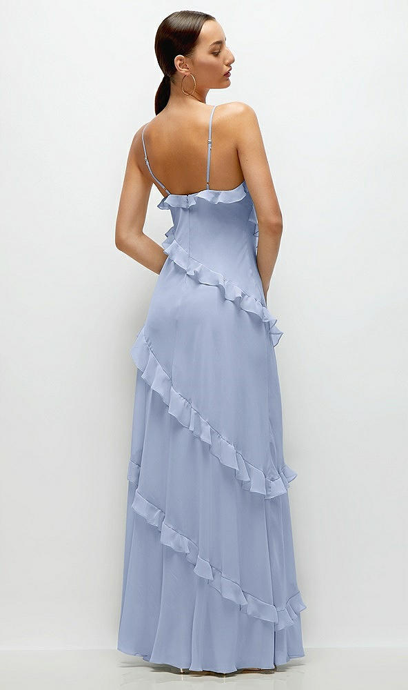 Back View - Sky Blue Asymmetrical Ruffle Chiffon Bias Slip Maxi Dress