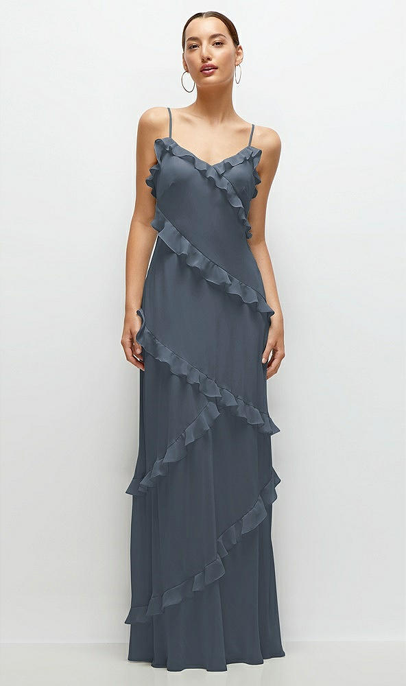 Front View - Silverstone Asymmertical Ruffle Chiffon Bias Slip Maxi Dress