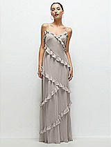 Front View Thumbnail - Taupe Asymmertical Ruffle Chiffon Bias Slip Maxi Dress