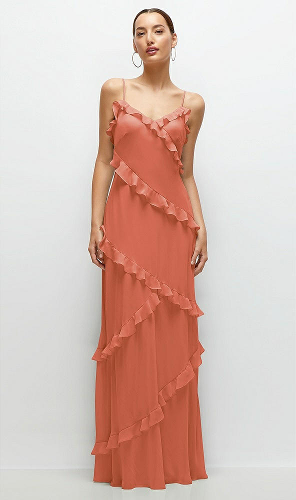 Front View - Terracotta Copper Asymmertical Ruffle Chiffon Bias Slip Maxi Dress