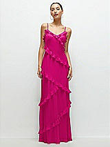 Front View Thumbnail - Think Pink Asymmertical Ruffle Chiffon Bias Slip Maxi Dress