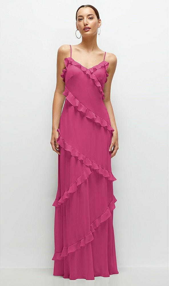 Front View - Tea Rose Asymmertical Ruffle Chiffon Bias Slip Maxi Dress