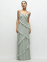 Front View Thumbnail - Willow Green Asymmertical Ruffle Chiffon Bias Slip Maxi Dress