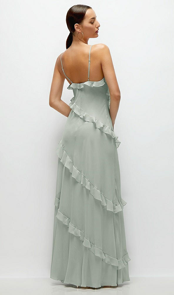 Back View - Willow Green Asymmertical Ruffle Chiffon Bias Slip Maxi Dress