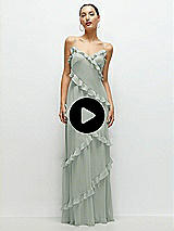 Video 1 Thumbnail - Coquette Floral Print Asymmertical Ruffle Chiffon Bias Slip Maxi Dress