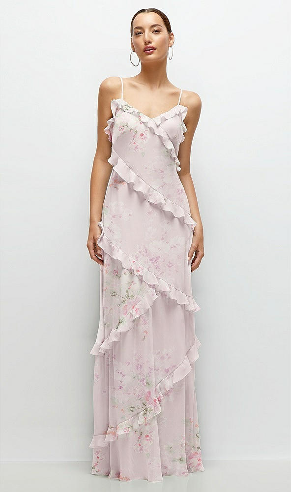 Front View - Watercolor Print Asymmertical Ruffle Chiffon Bias Slip Maxi Dress