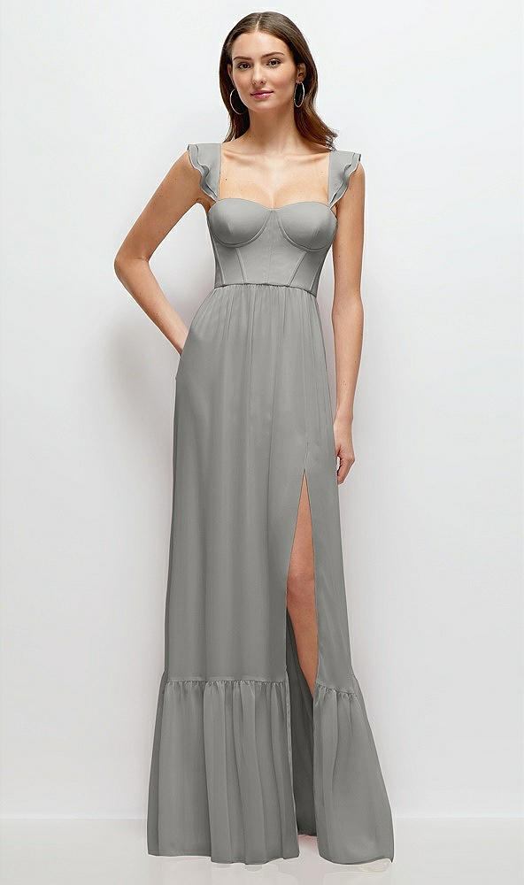 Front View - Chelsea Gray Ruffle Strap Chiffon Bustier Maxi Dress with Ruffle Hem A-Line Skirt