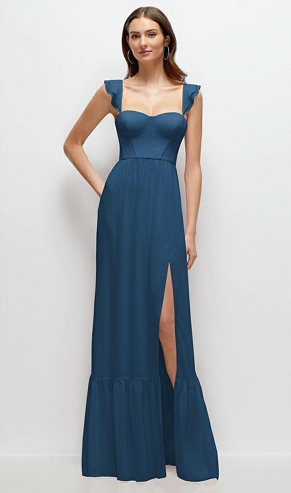 Front View - Dusk Blue Ruffle Strap Chiffon Bustier Maxi Dress with Ruffle Hem A-Line Skirt