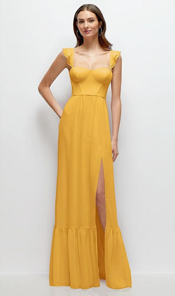 Front View - NYC Yellow Ruffle Strap Chiffon Bustier Maxi Dress with Ruffle Hem A-Line Skirt