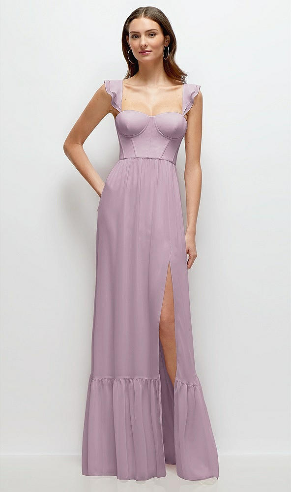 Front View - Suede Rose Ruffle Strap Chiffon Bustier Maxi Dress with Ruffle Hem A-Line Skirt