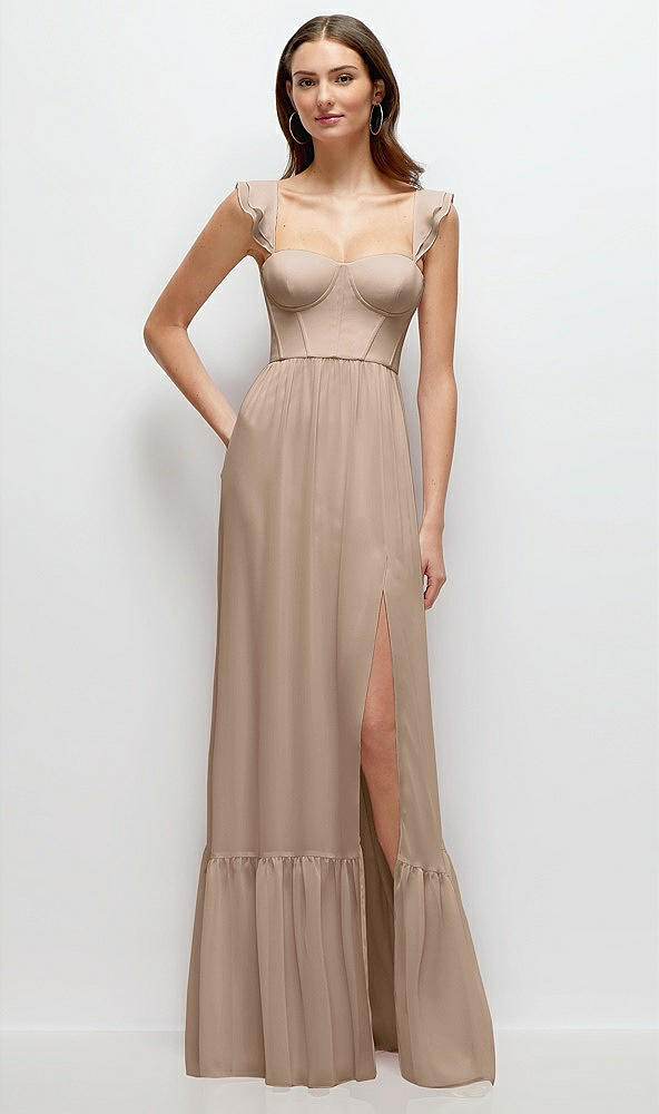 Front View - Topaz Ruffle Strap Chiffon Bustier Maxi Dress with Ruffle Hem A-Line Skirt