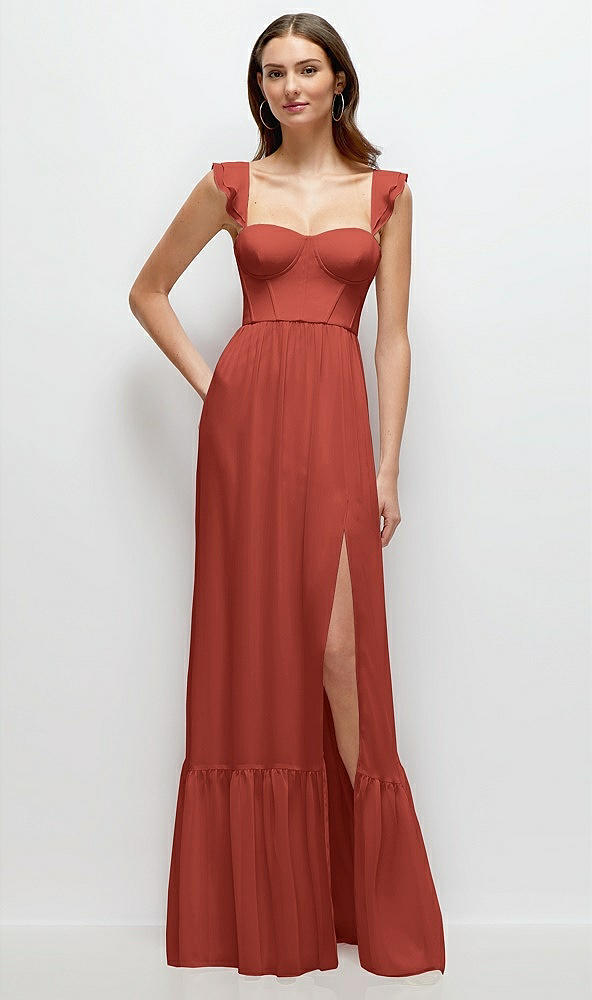 Front View - Amber Sunset Ruffle Strap Chiffon Bustier Maxi Dress with Ruffle Hem A-Line Skirt