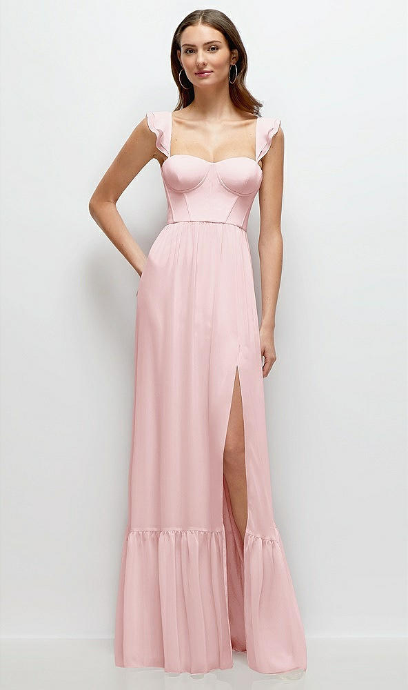 Front View - Ballet Pink Ruffle Strap Chiffon Bustier Maxi Dress with Ruffle Hem A-Line Skirt