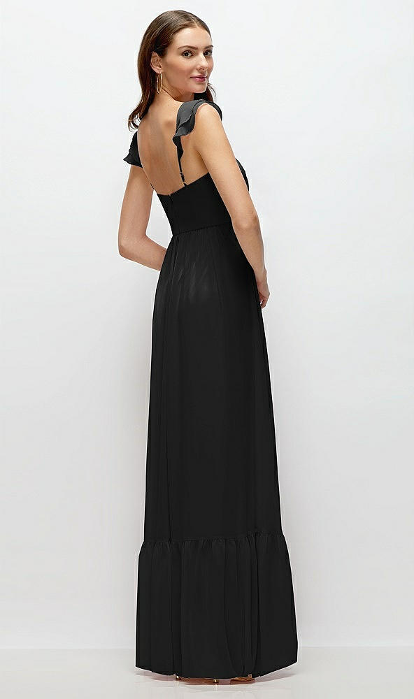 Back View - Black Ruffle Strap Chiffon Bustier Maxi Dress with Ruffle Hem A-Line Skirt