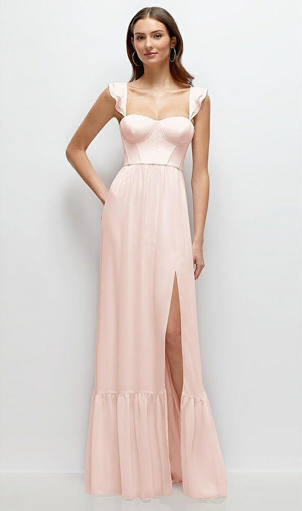 Front View - Blush Ruffle Strap Chiffon Bustier Maxi Dress with Ruffle Hem A-Line Skirt