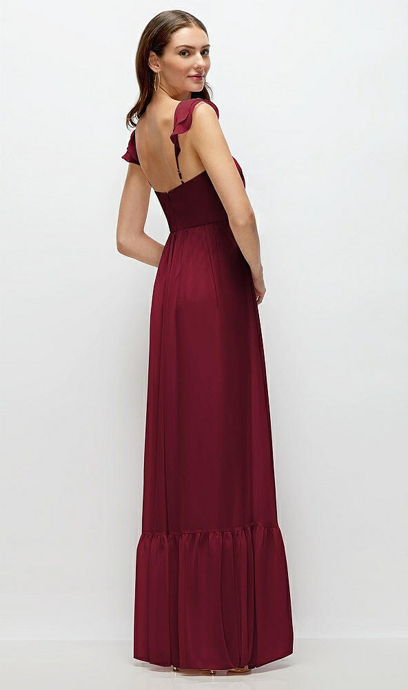 Back View - Burgundy Ruffle Strap Chiffon Bustier Maxi Dress with Ruffle Hem A-Line Skirt