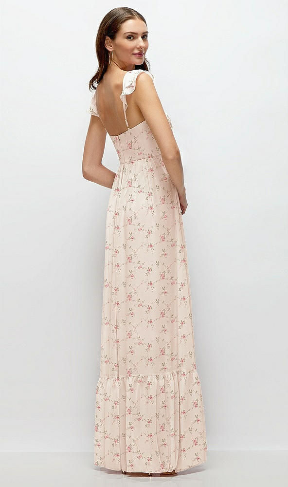 Back View - Coquette Floral Print Ruffle Strap Chiffon Bustier Maxi Dress with Ruffle Hem A-Line Skirt