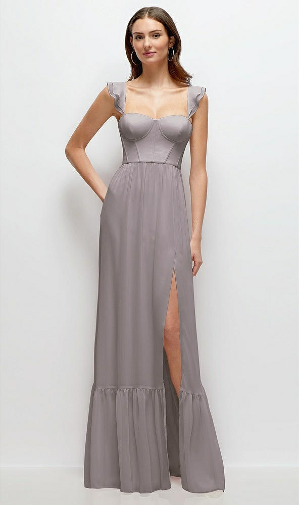 Front View - Cashmere Gray Ruffle Strap Chiffon Bustier Maxi Dress with Ruffle Hem A-Line Skirt