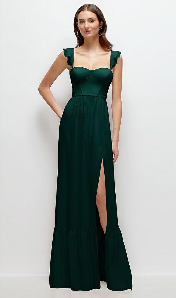 Front View - Evergreen Ruffle Strap Chiffon Bustier Maxi Dress with Ruffle Hem A-Line Skirt