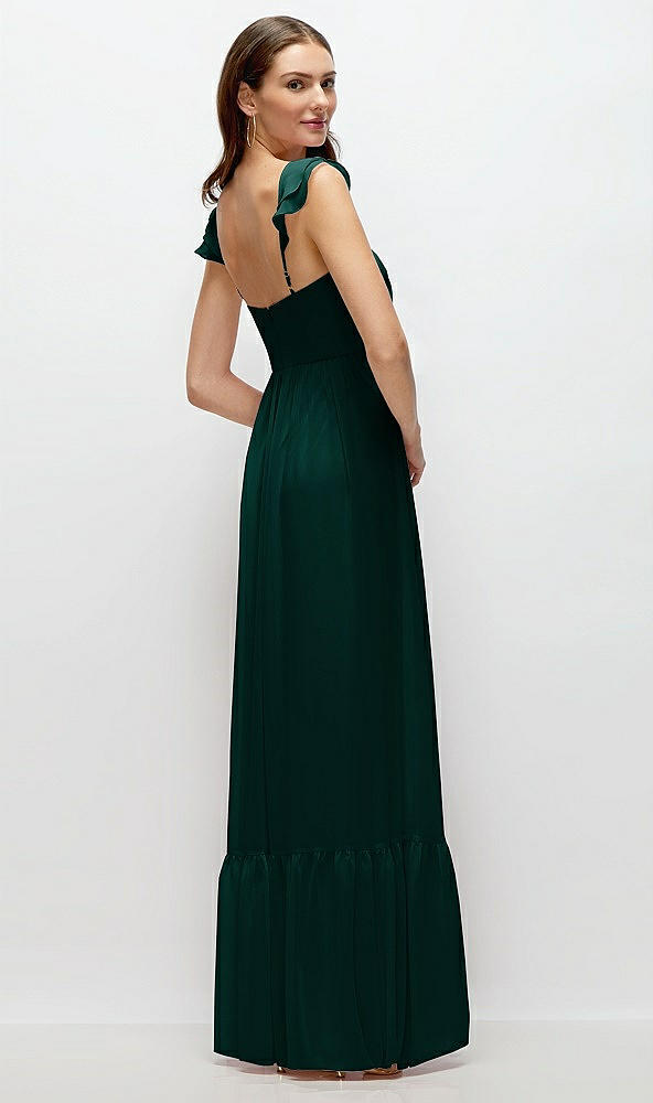 Back View - Evergreen Ruffle Strap Chiffon Bustier Maxi Dress with Ruffle Hem A-Line Skirt