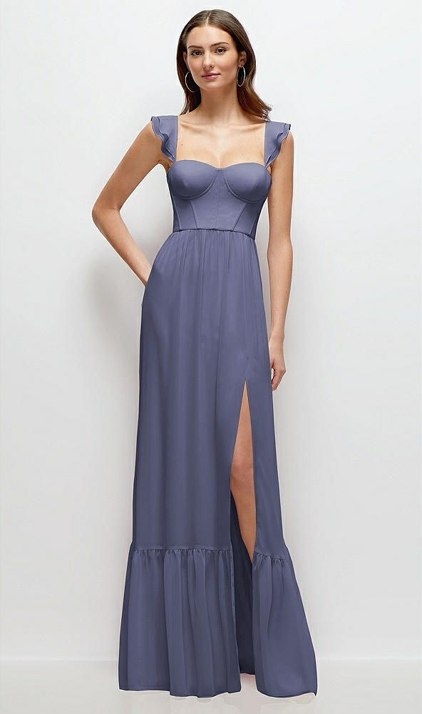 Front View - French Blue Ruffle Strap Chiffon Bustier Maxi Dress with Ruffle Hem A-Line Skirt