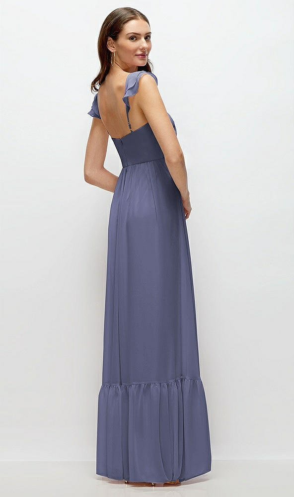 Back View - French Blue Ruffle Strap Chiffon Bustier Maxi Dress with Ruffle Hem A-Line Skirt