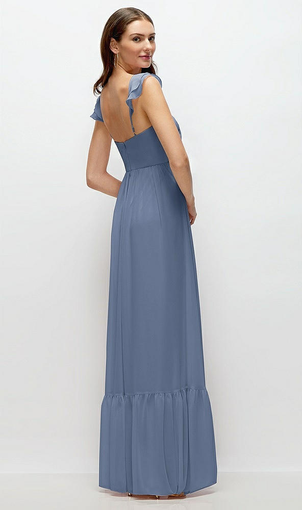 Back View - Larkspur Blue Ruffle Strap Chiffon Bustier Maxi Dress with Ruffle Hem A-Line Skirt