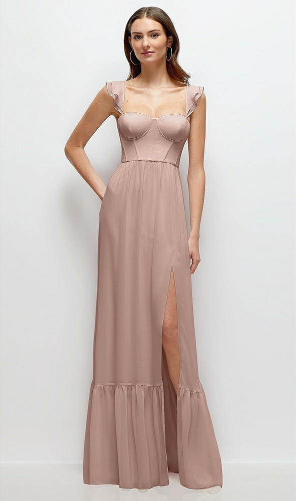 Front View - Neu Nude Ruffle Strap Chiffon Bustier Maxi Dress with Ruffle Hem A-Line Skirt