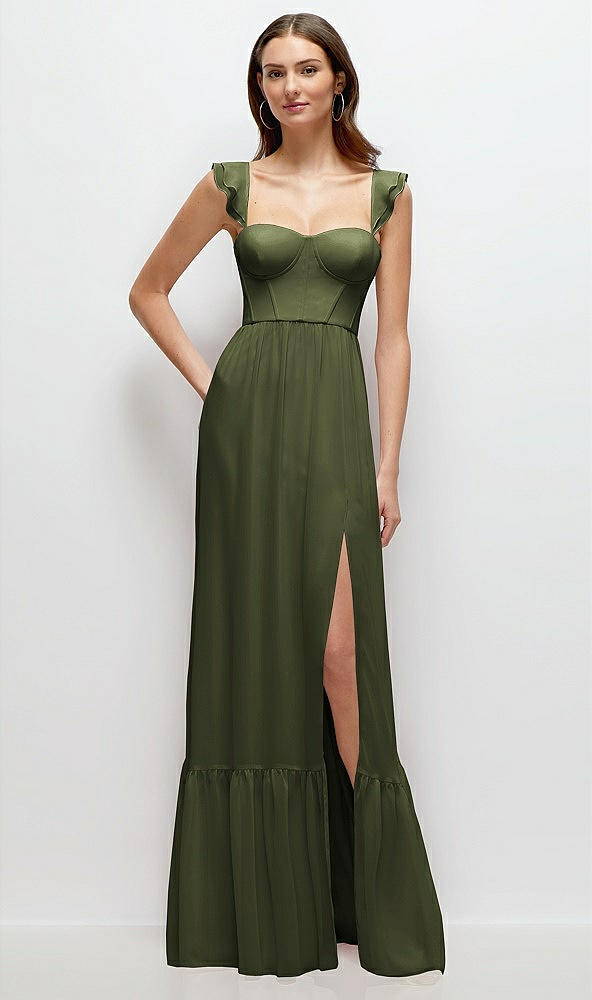 Front View - Olive Green Ruffle Strap Chiffon Bustier Maxi Dress with Ruffle Hem A-Line Skirt