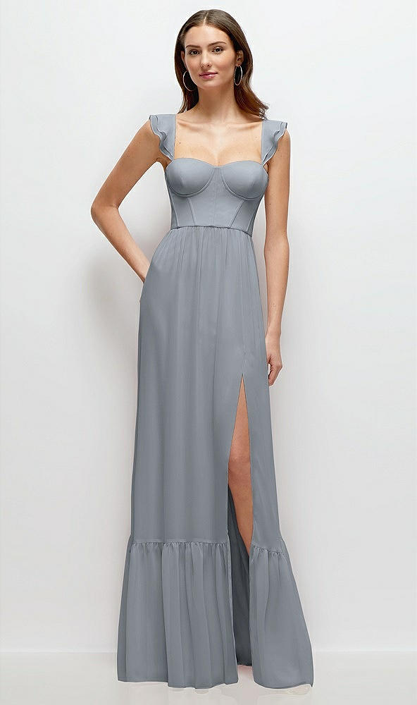 Front View - Platinum Ruffle Strap Chiffon Bustier Maxi Dress with Ruffle Hem A-Line Skirt