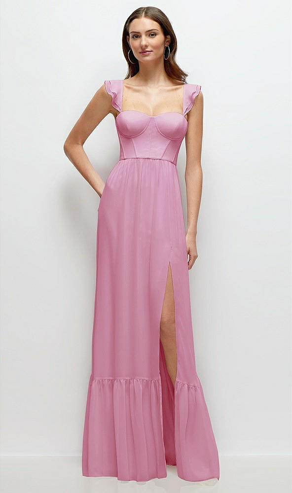 Front View - Powder Pink Ruffle Strap Chiffon Bustier Maxi Dress with Ruffle Hem A-Line Skirt