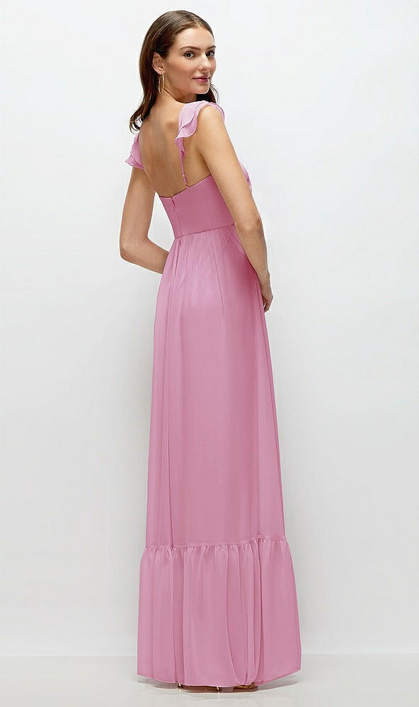 Back View - Powder Pink Ruffle Strap Chiffon Bustier Maxi Dress with Ruffle Hem A-Line Skirt