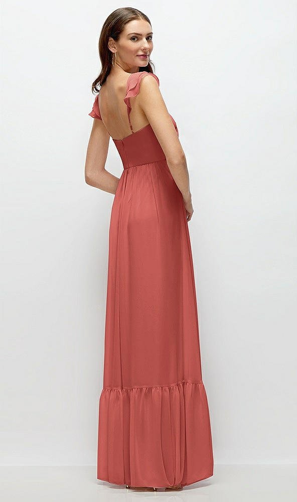 Back View - Coral Pink Ruffle Strap Chiffon Bustier Maxi Dress with Ruffle Hem A-Line Skirt