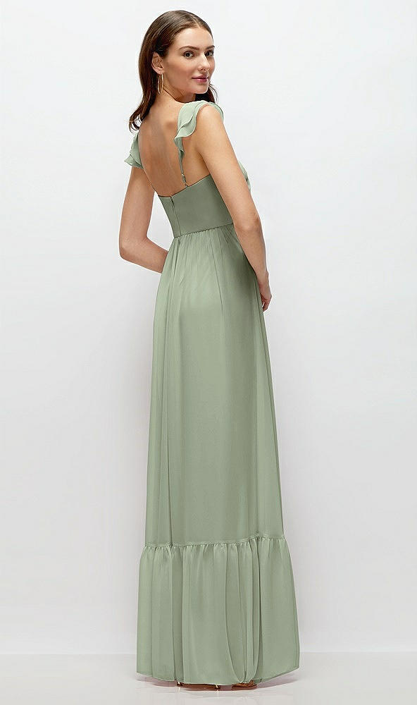 Back View - Sage Ruffle Strap Chiffon Bustier Maxi Dress with Ruffle Hem A-Line Skirt