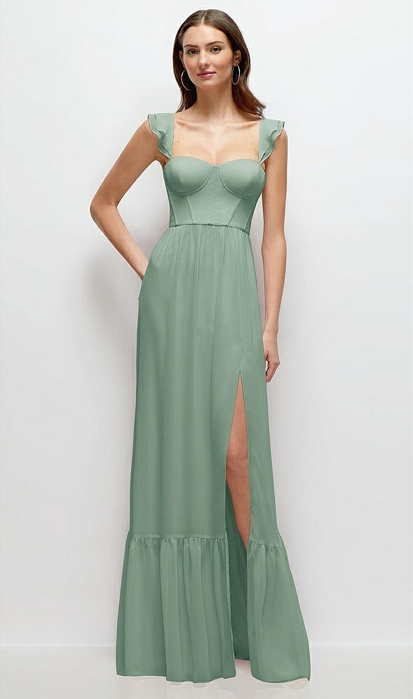 Front View - Seagrass Ruffle Strap Chiffon Bustier Maxi Dress with Ruffle Hem A-Line Skirt