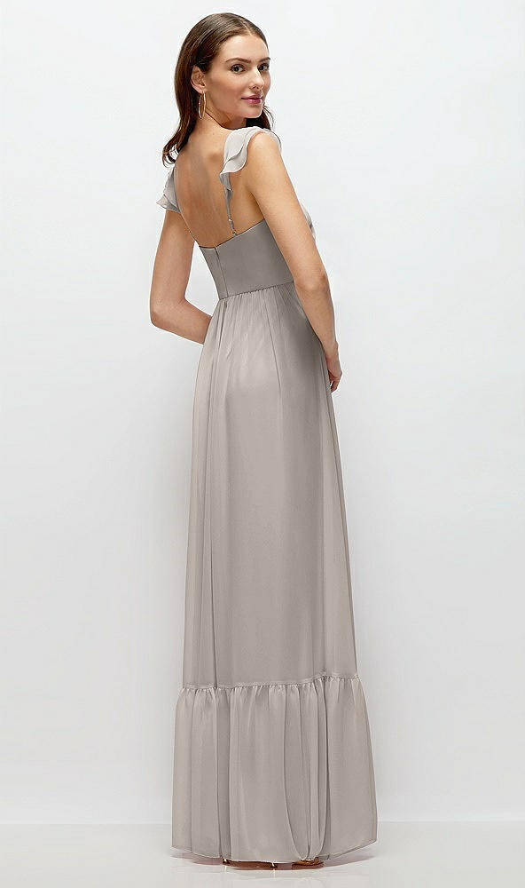 Back View - Taupe Ruffle Strap Chiffon Bustier Maxi Dress with Ruffle Hem A-Line Skirt