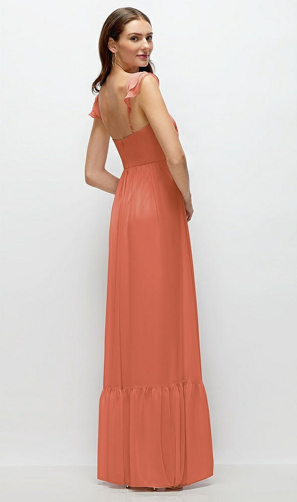 Back View - Terracotta Copper Ruffle Strap Chiffon Bustier Maxi Dress with Ruffle Hem A-Line Skirt