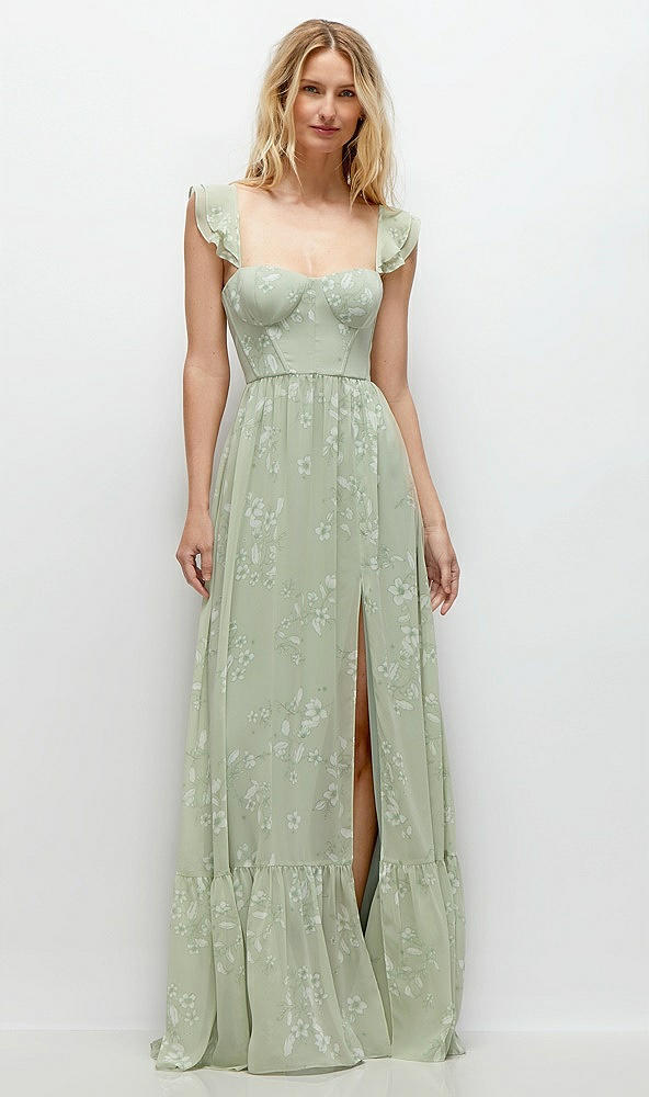 Front View - Vintage Primrose Sage Ruffle Strap Chiffon Bustier Maxi Dress with Ruffle Hem A-Line Skirt