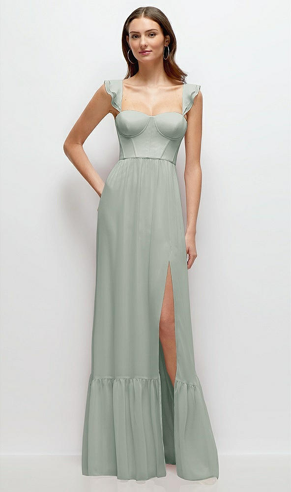 Front View - Willow Green Ruffle Strap Chiffon Bustier Maxi Dress with Ruffle Hem A-Line Skirt