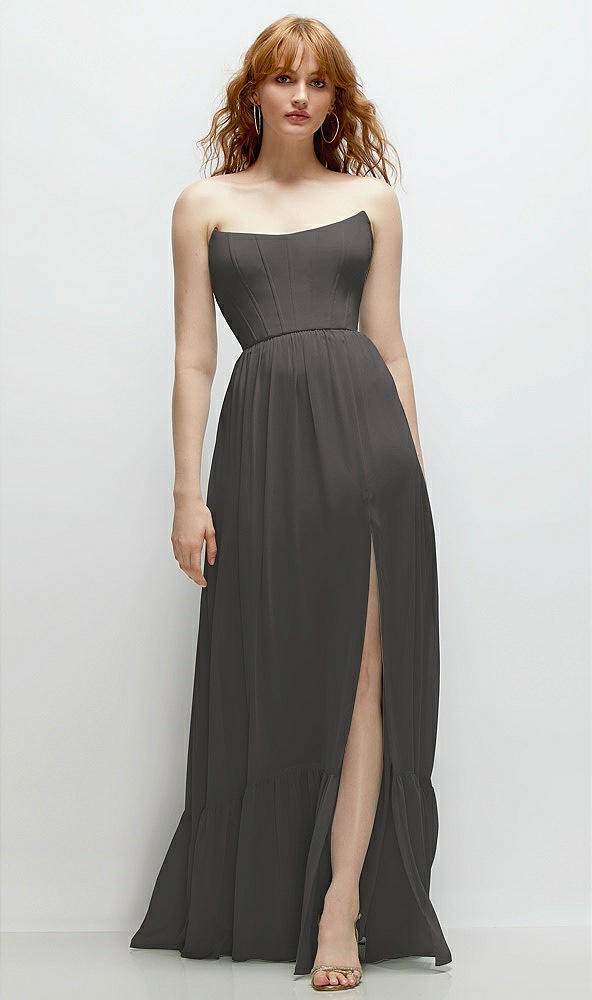 Front View - Caviar Gray Strapless Cat-Eye Corset Maxi Dress with Ruffle Hem A-Line Skirt