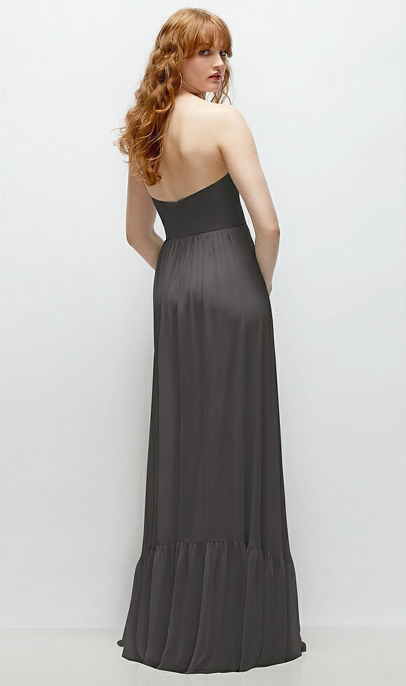 Back View - Caviar Gray Strapless Cat-Eye Corset Maxi Dress with Ruffle Hem A-Line Skirt