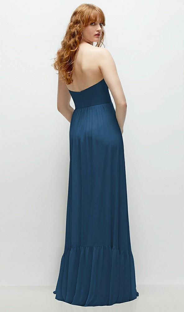 Back View - Dusk Blue Strapless Cat-Eye Corset Maxi Dress with Ruffle Hem A-Line Skirt