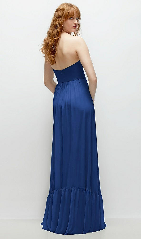 Back View - Classic Blue Strapless Cat-Eye Corset Maxi Dress with Ruffle Hem A-Line Skirt