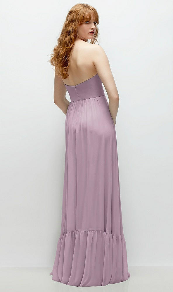 Back View - Suede Rose Strapless Cat-Eye Corset Maxi Dress with Ruffle Hem A-Line Skirt