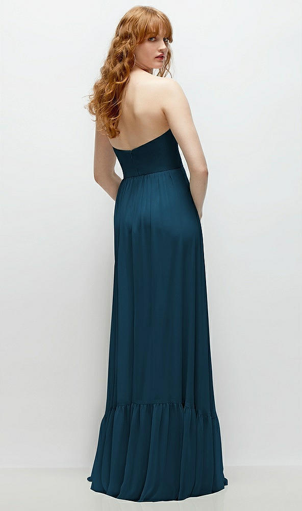 Back View - Atlantic Blue Strapless Cat-Eye Corset Maxi Dress with Ruffle Hem A-Line Skirt