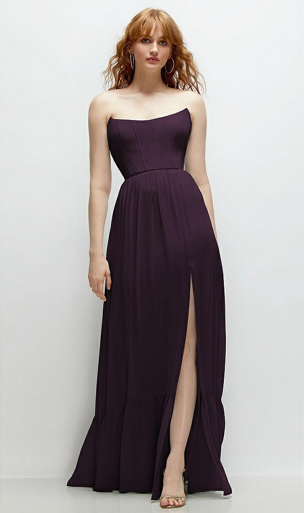 Front View - Aubergine Strapless Cat-Eye Corset Maxi Dress with Ruffle Hem A-Line Skirt