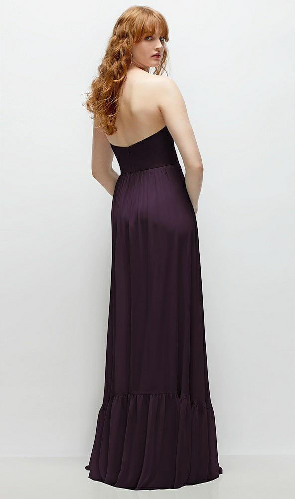 Back View - Aubergine Strapless Cat-Eye Corset Maxi Dress with Ruffle Hem A-Line Skirt