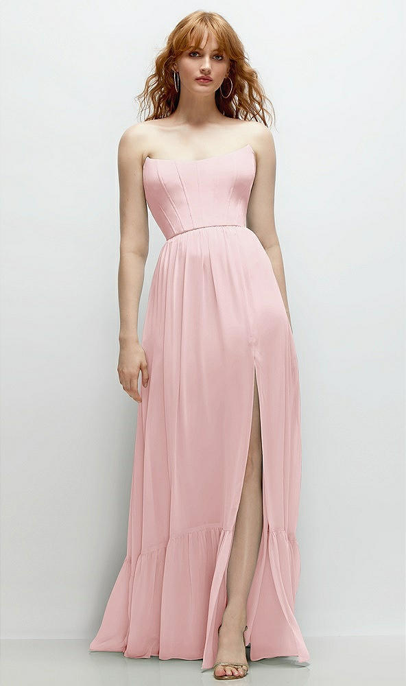 Front View - Ballet Pink Strapless Cat-Eye Corset Maxi Dress with Ruffle Hem A-Line Skirt