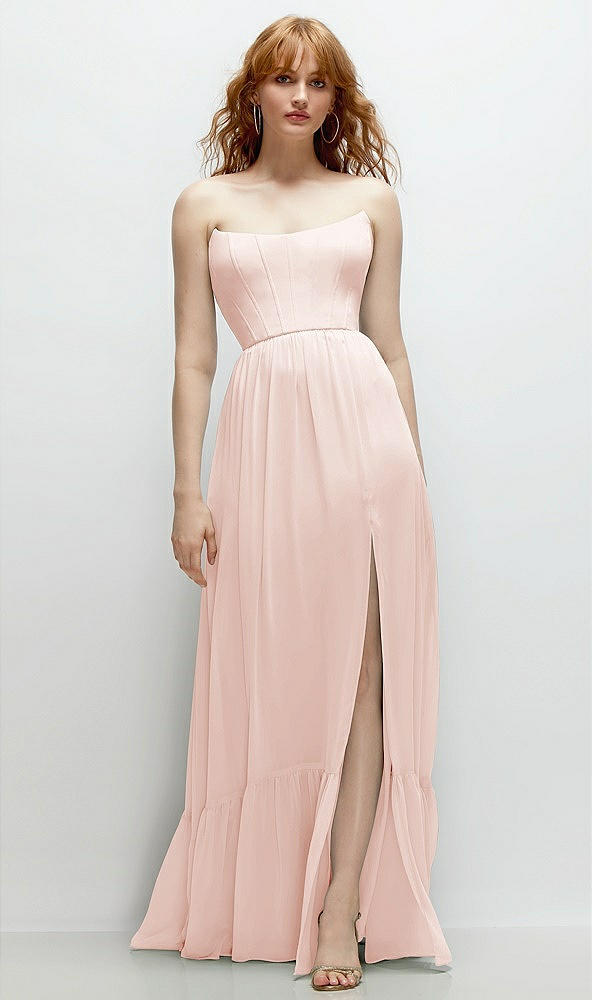 Front View - Blush Strapless Cat-Eye Corset Maxi Dress with Ruffle Hem A-Line Skirt